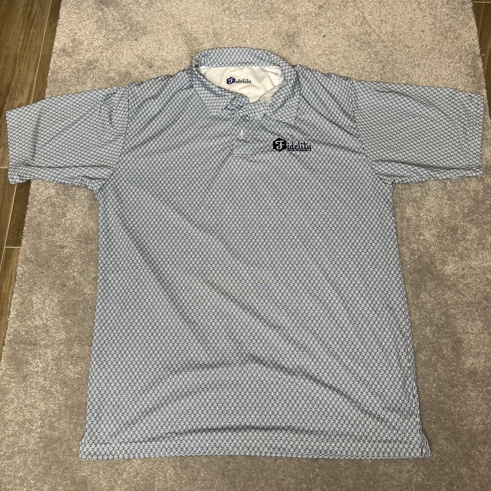 Fidelity Polo Shirt Mens Large Blue White Geometric Golf Performance Pattern